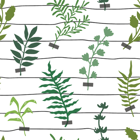 Vector nautical seamless background pattern with hand drawn beautiful leaves, plants, flowersのイラスト素材