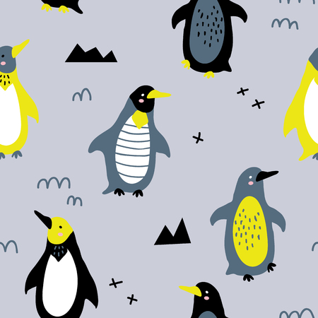 vector seamless background pattern with funny baby penguins for fabric, textileのイラスト素材