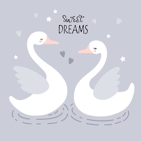 vector print with beautiful scandinavian swans for baby shower, fabric, textile and sweet dreamsのイラスト素材