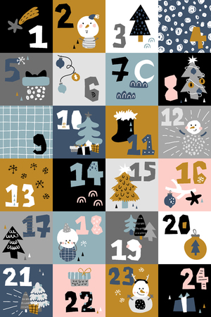 vector illustration of kids adventure game in Scandinavian style, Christmas characters and elements, ornate numbersのイラスト素材