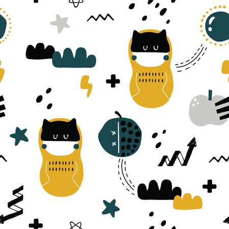 vector seamless background patterns in Scandinavian style, cartoon cute nesing dolls, characters, elements for fabric design, wrapping paper, notebooks coversのイラスト素材