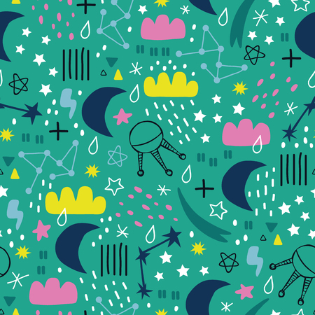 doodle space astronauts pattern. Seamless vector doodle pattern with stars, planets, stars, spaceships for wallpapers, scrapbooking, web page backgrounds, textileのイラスト素材
