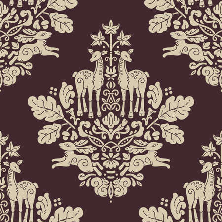 vector seamless background patterns in Damask style, cartoon cute leaves and elements for fabric design, wrapping paper, notebooks coversのイラスト素材