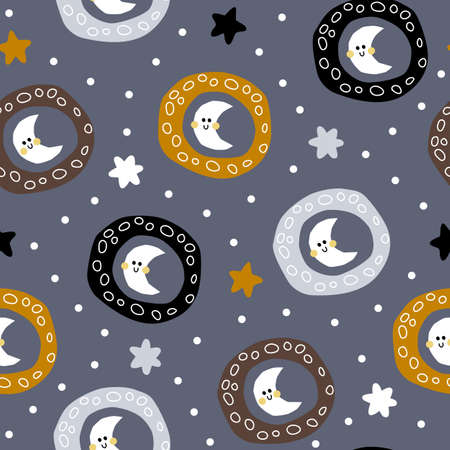 Vector illustration of space seamless scandinavian pattern with moon and stars for kids fabrics, backdrop, background, wrapping paperのイラスト素材