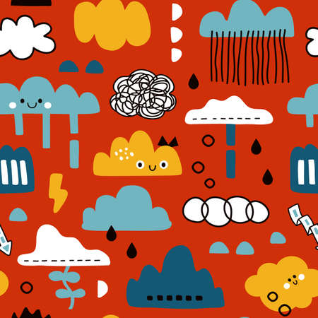 Vector illustration of seamless scandinavian pattern with colorful clouds for kids fabrics, backdrop, background, wrapping paperのイラスト素材