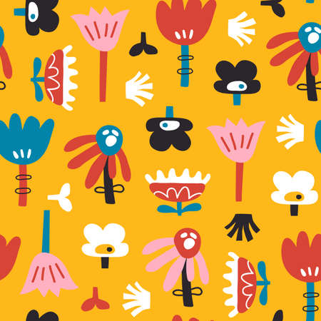Vector illustration of seamless scandinavian pattern with colorful flowers for kids fabrics, backdrop, background, wrapping paperのイラスト素材