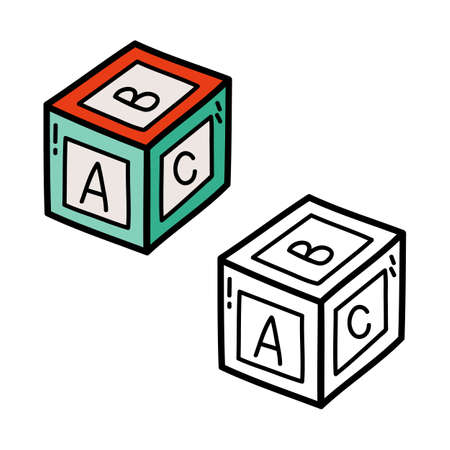 Vector illustration coloring page of doodle alphabet cube for children and scrap bookのイラスト素材