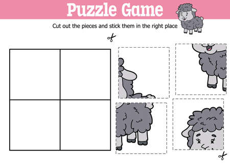 Vector educational kids puzzle game to cut and stick pieces with cartoon sheep characterのイラスト素材