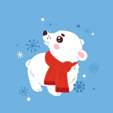 cute cartoon baby polar bear character in scarf and snowflakes on backgroundのイラスト素材
