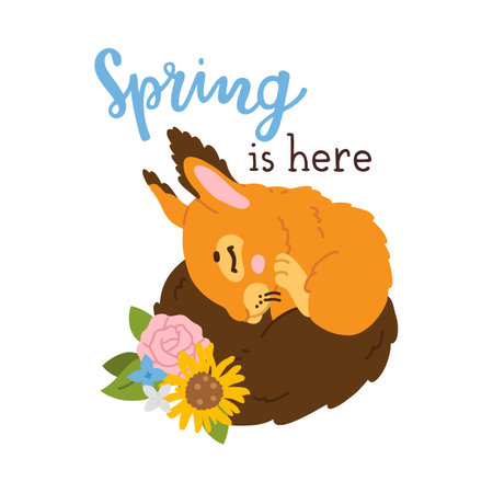 Vector illustration of spring is here print with cute cartoon squirrel baby sleeping and hand drawn letteringのイラスト素材
