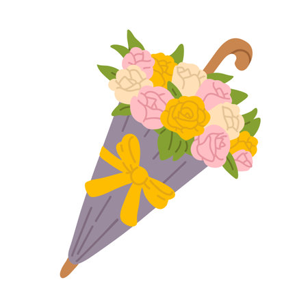 Vector illustration of roses bouquet in umbrella for digital stamp,greeting card,sticker,icon,designのイラスト素材