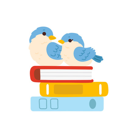 Vector illustration of cute cartoon sparrow birds on book stackのイラスト素材