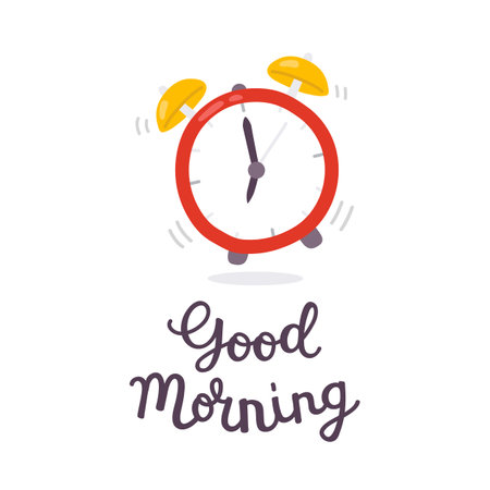 A cartoon vector red alarm clock with the words good morningのイラスト素材