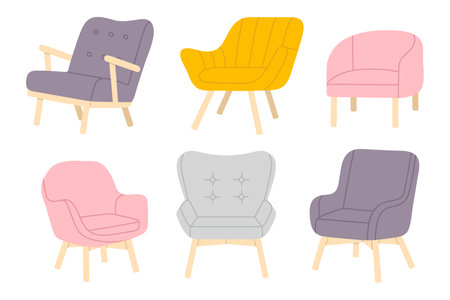 Vector illustration set of cute doodle armchair for digital stamp,greeting card,sticker,icon, designのイラスト素材