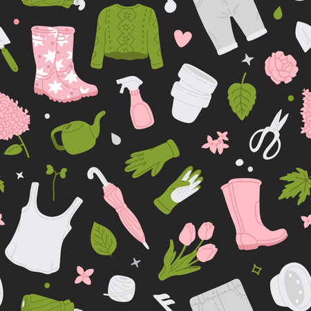 Vector seamless background pattern with gardening spring tools for surface pattern designのイラスト素材