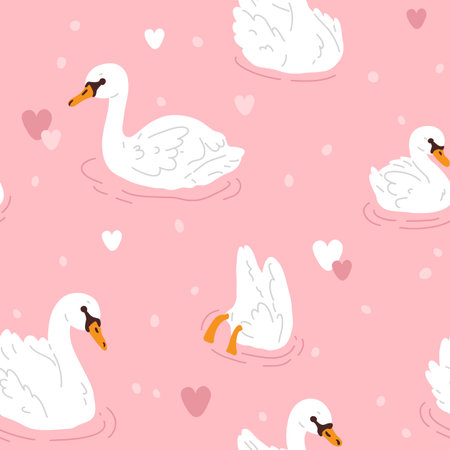 Vector seamless background pattern with white swans and hearts for surface pattern designのイラスト素材