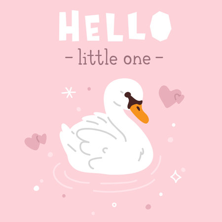 A pink vector background with the word hello little one on it and cartoon baby swanのイラスト素材