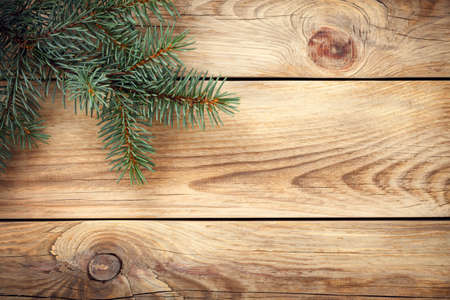 Christmas spruce tree on wooden table for holiday background. Copy space. Top viewの写真素材