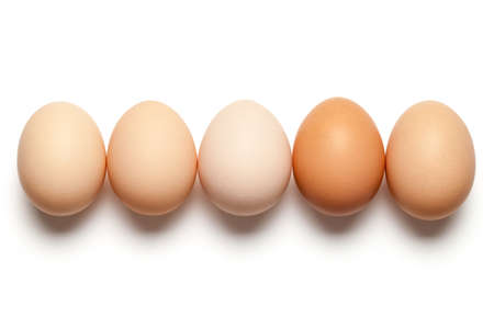 Chicken eggs on white background. Top view