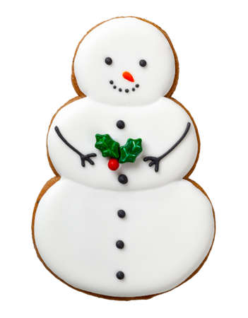 Christmas gingerbread cookie isolated on white background. Snowman shape cookieの写真素材