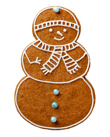 Gingerbread cookie for Christmas isolated on white background. Snowman shape cookieの写真素材