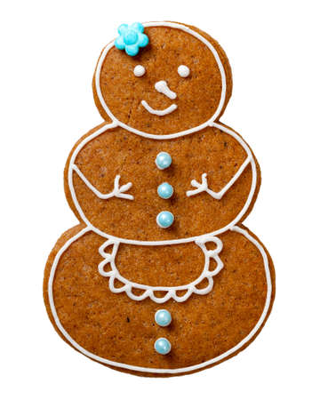 Gingerbread cookie for Christmas isolated on white background. Snowwoman shape cookieの写真素材