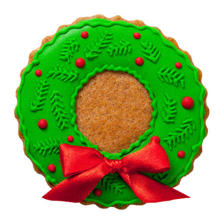 Christmas wreath gingerbread cookie isolated on white backgroundの写真素材