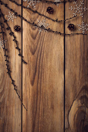 Christmas background on wooden table. Copy space. Top viewの写真素材