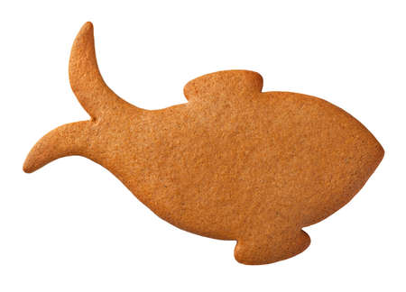 Gingerbread fish cookie isolated on white background. Top viewの写真素材
