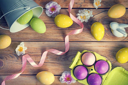 Easter background with Easter eggs. Top view.の写真素材