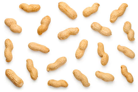 Peanuts isolated on white background. Flat lay. Top view