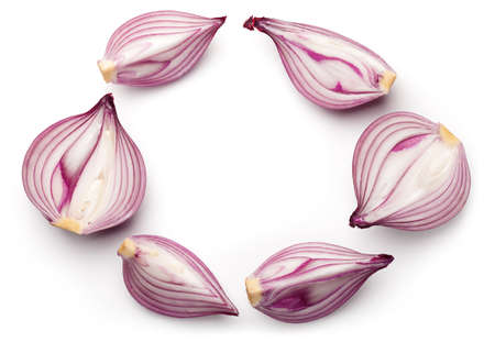 Red sliced onions isolated on white background. Top viewの写真素材