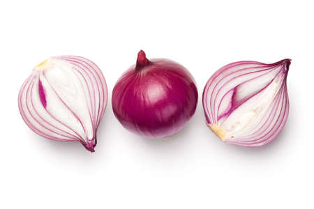 Red sliced onions isolated on white background. Top viewの写真素材