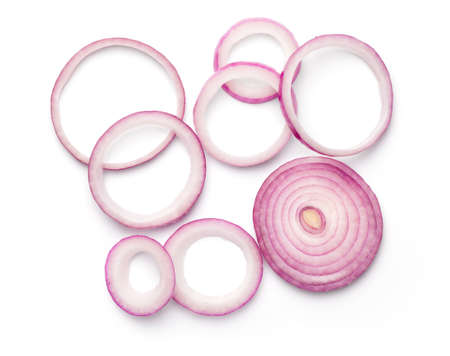 Sliced red onion rings isolated on white background. Top viewの写真素材