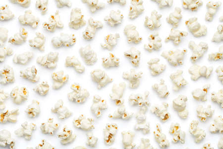 Popcorn on white background. Flat lay. Top viewの写真素材