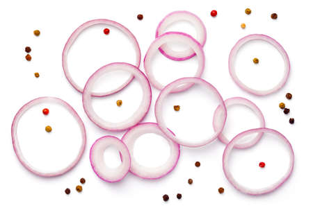 Sliced red onion with peppercorn isolated on white background. Top viewの写真素材