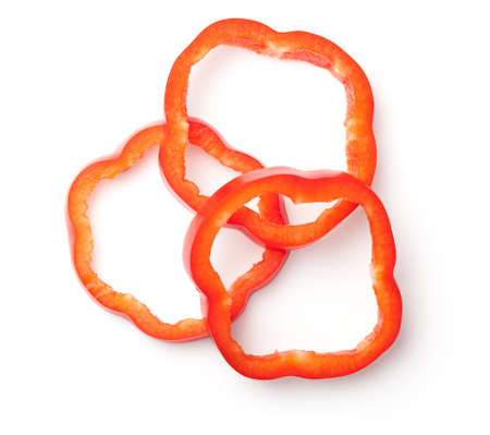 Red pepper slices isolated on white background. Top viewの写真素材