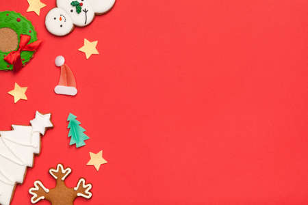 Gingerbreads christmas background. Copy space. Top viewの写真素材