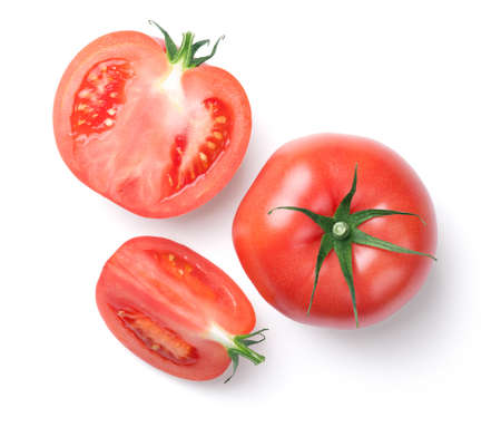 Pink tomatoes isolated on white background. Top viewの写真素材