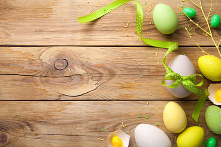 Easter background with easter eggs. Copy space. Top viewの写真素材