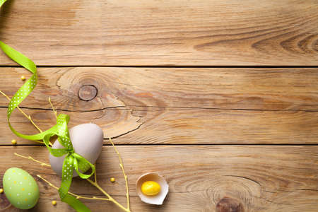 Easter background with easter eggs. Copy space. Top viewの写真素材