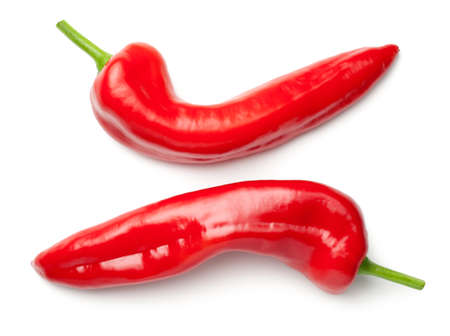 Red peppers isolated on white background. Ramiro pepper. Top viewの写真素材