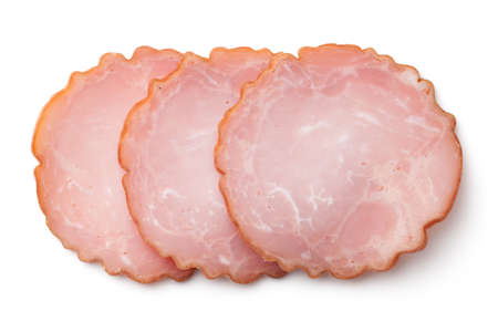 Sausage slices isolated on white background. Krakowska sausage. Top viewの写真素材