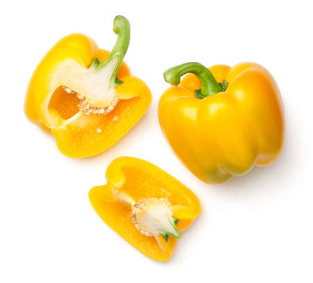 Yellow peppers isolated on white background. Top viewの写真素材