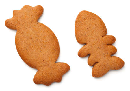 Christmas gingerbread cookies isolated on white background. Top view