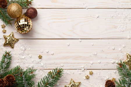 Christmas holidays composition on wooden background. Copy space. Top viewの写真素材