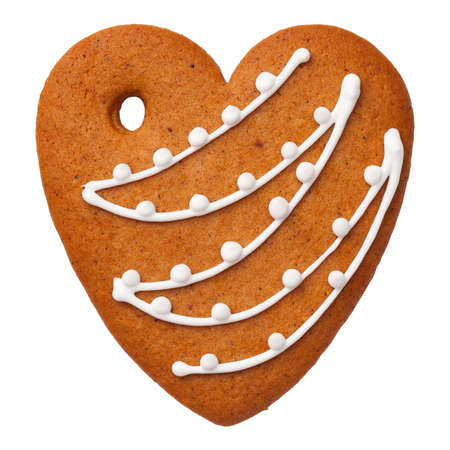 Gingerbread heart cookie isolated on white background. Top viewの写真素材