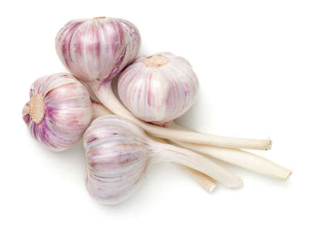Young garlic isolated on white background. Top view, flat layの写真素材