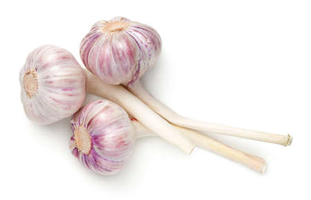 Young garlic isolated on white background. Top view, flat layの写真素材