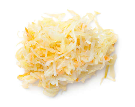 Pile of sauerkraut with carrot isolated on white background. Top view, flat layの写真素材
